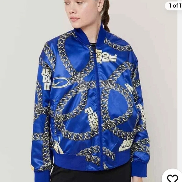 Nike Silky Chain Printed Bomber Jacket Blue Gold Just Do It Size M - Picture 1 of 7